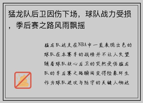 猛龙队后卫因伤下场，球队战力受损，季后赛之路风雨飘摇